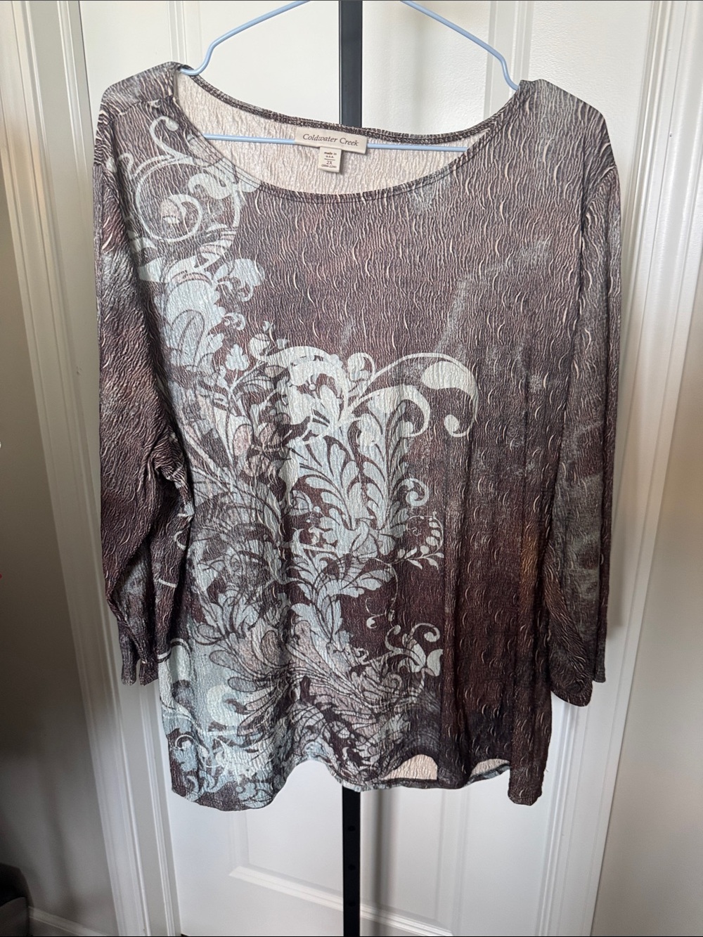 Coldwater Creek Brown and Cream Floral-Print Long Sleeve Top